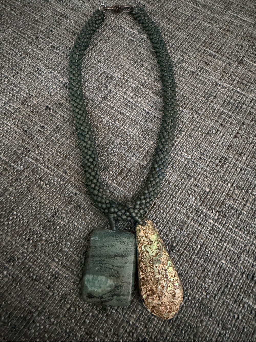 Reversible Hand Crafted Green Beaded Necklace with Gold and Green Pendants - Picture 4 of 8
